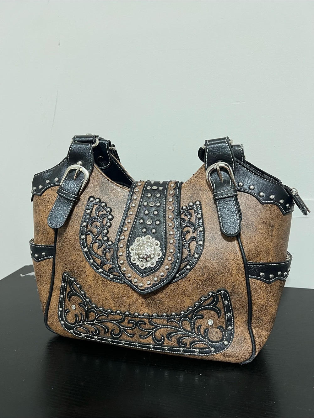 Western-Style Brown & Black Embossed Shoulder Bag with Stud Accents
